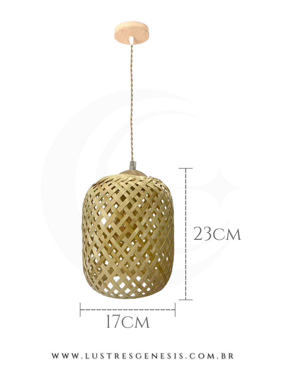 Luminária pendente de fibra de bambu e madeira Ø17cm Komodo, ideal para mesas, balcão de cozinha, área gourmet e sítios.